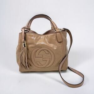 Gucci Soho Patent Leather 2 Way Tote Handbag Shoulder Bag Beige
